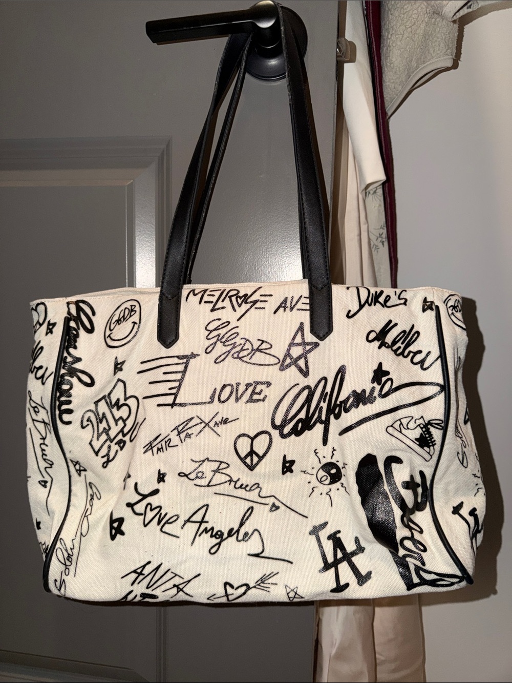 Zara White Canvas Tote with Black Graffiti and Black Handles